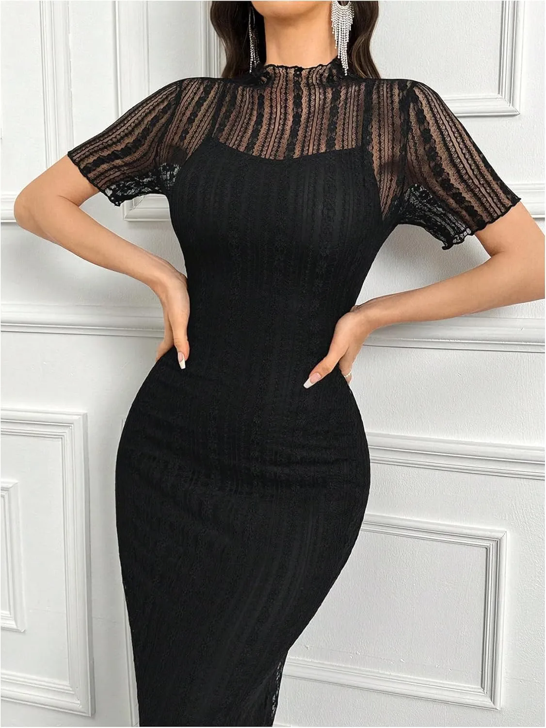 Floerns Women's Contrast Lace Mock Neck Pencil Dress Mesh Short Sleeve Slit Midi Dresses