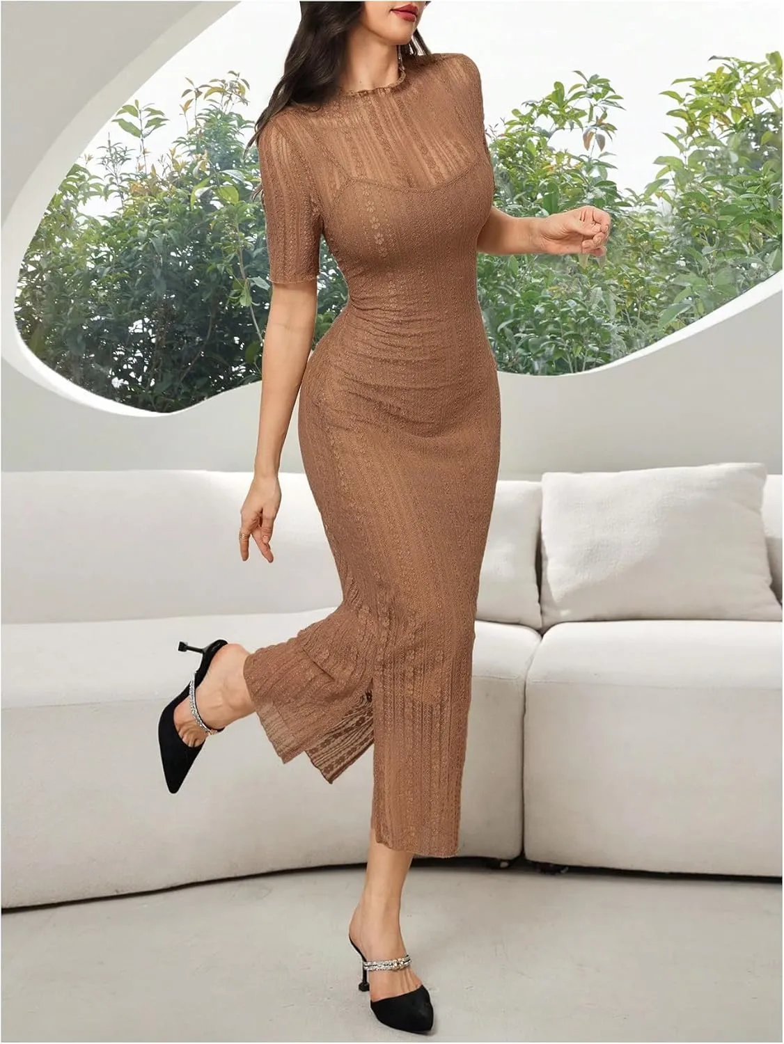 Floerns Women's Contrast Lace Mock Neck Pencil Dress Mesh Short Sleeve Slit Midi Dresses