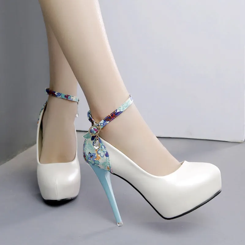 Flower Ankel Wrap Crystal Platform Stiettio High Heels Party Shoes
