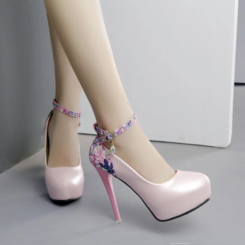 Flower Ankel Wrap Crystal Platform Stiettio High Heels Party Shoes