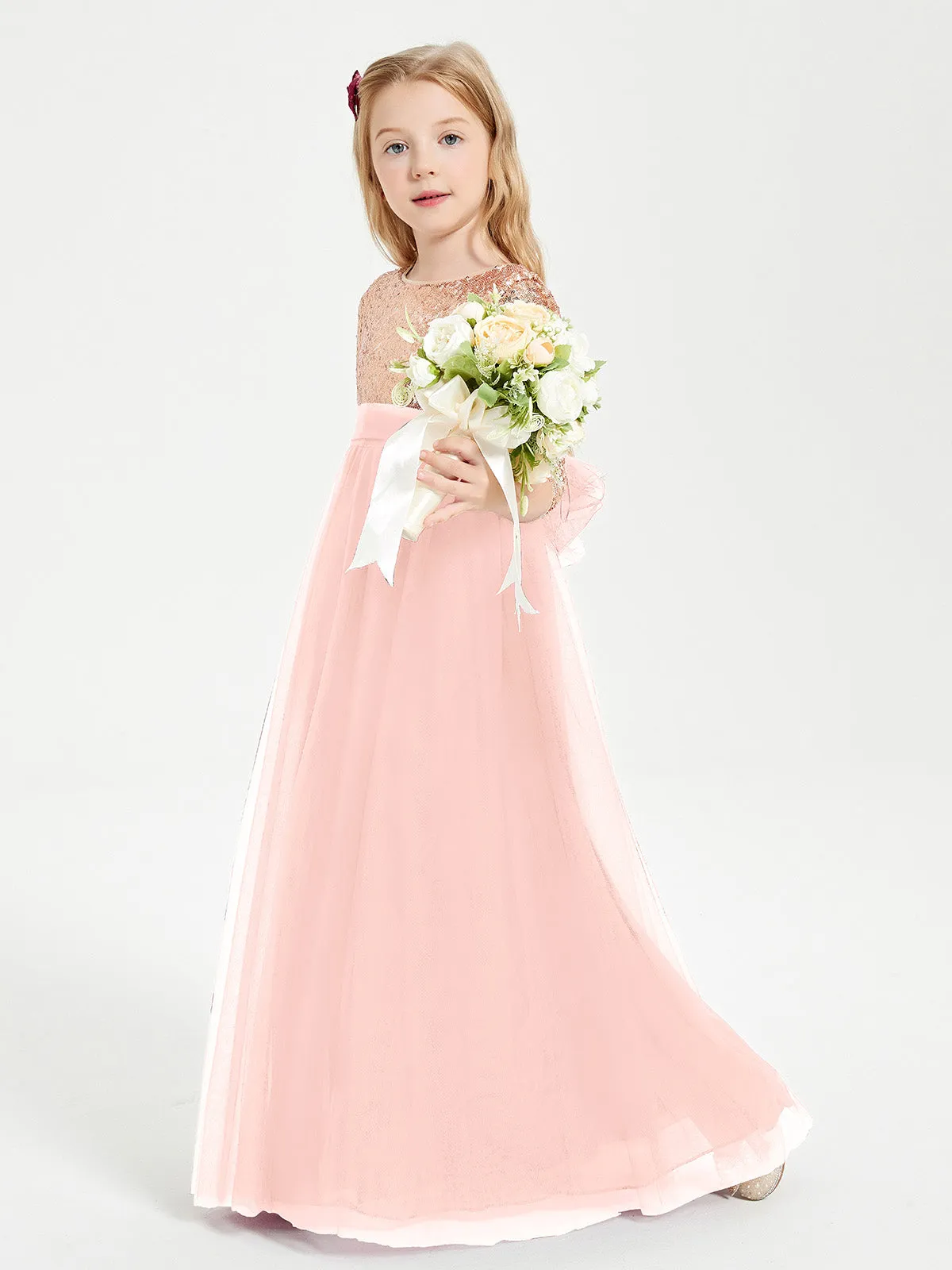 Glamorous Junior Bridesmaid Dresses Sequined Top Coral
