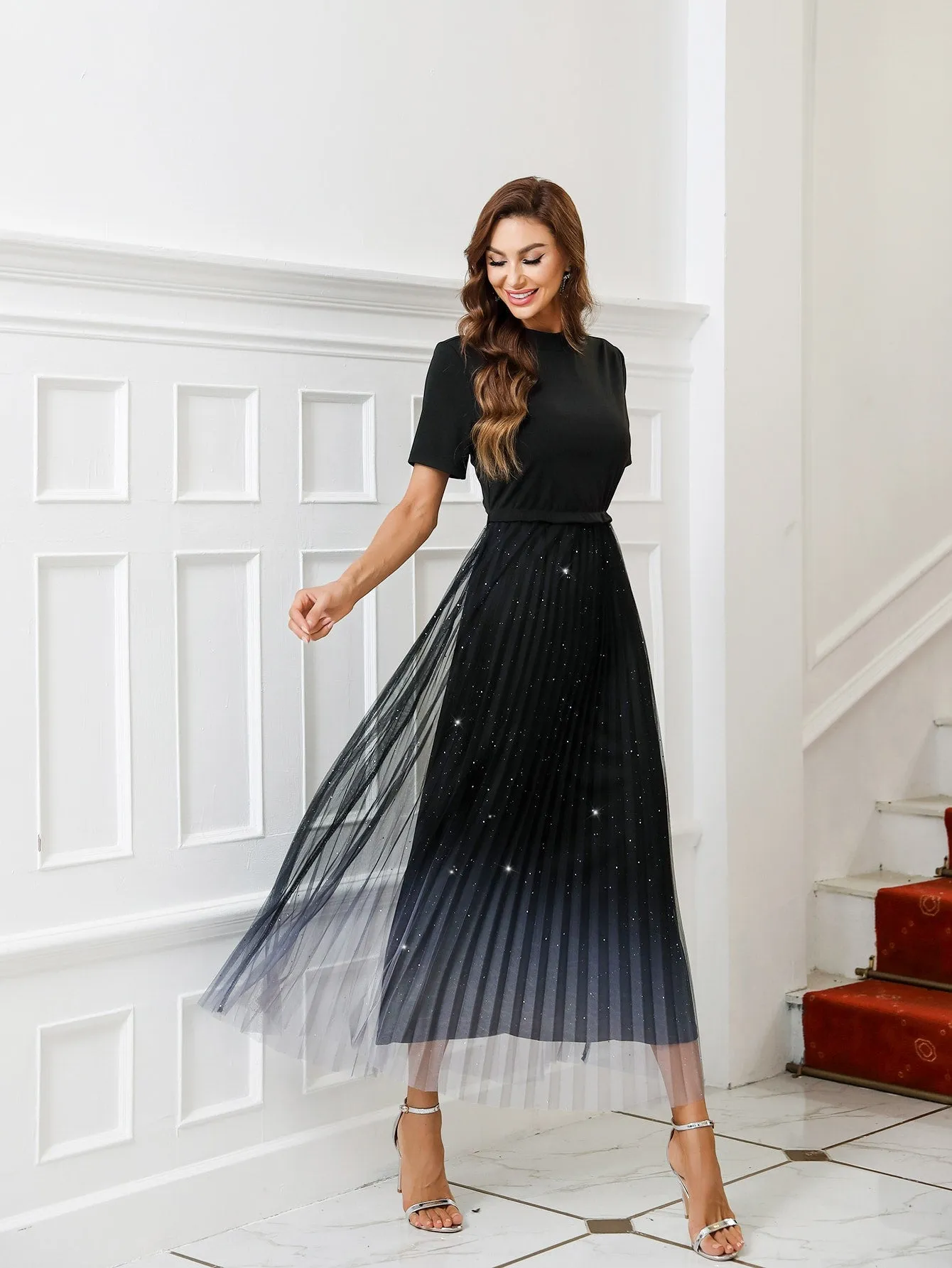 Glamorous Ombre Pleated Short Sleeve Stand Collar Pleated High Waist Long Dress