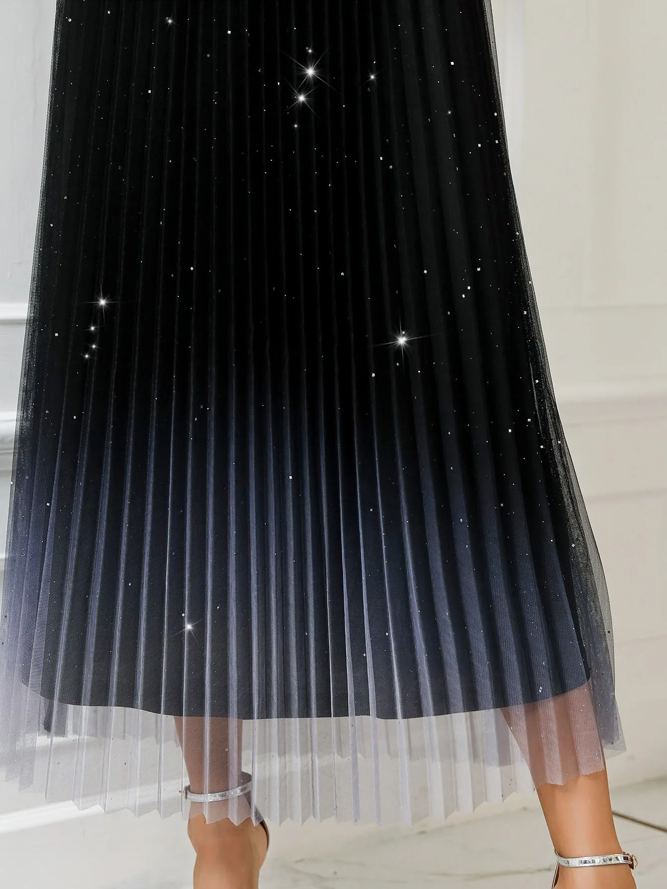 Glamorous Ombre Pleated Short Sleeve Stand Collar Pleated High Waist Long Dress