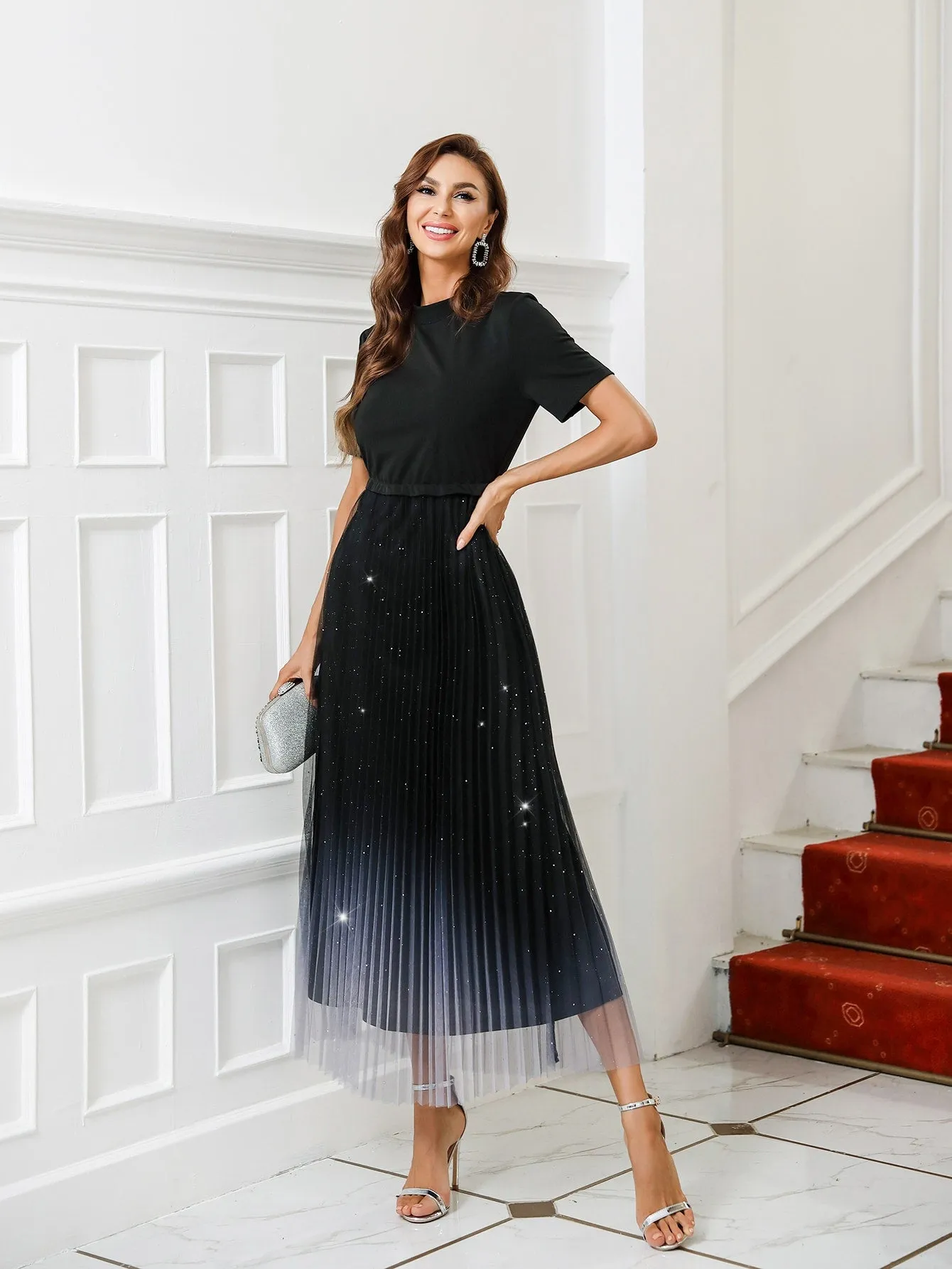 Glamorous Ombre Pleated Short Sleeve Stand Collar Pleated High Waist Long Dress