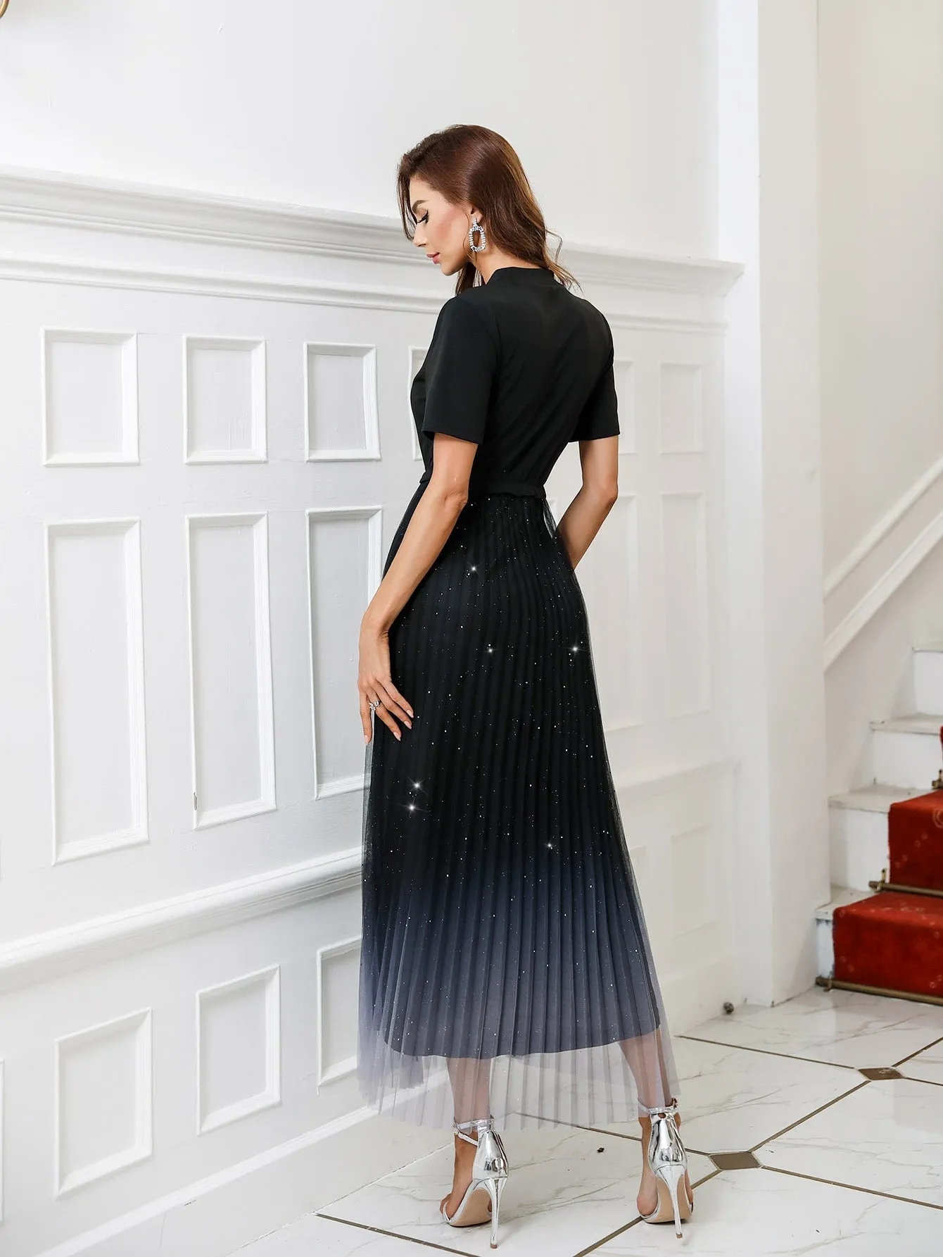 Glamorous Ombre Pleated Short Sleeve Stand Collar Pleated High Waist Long Dress