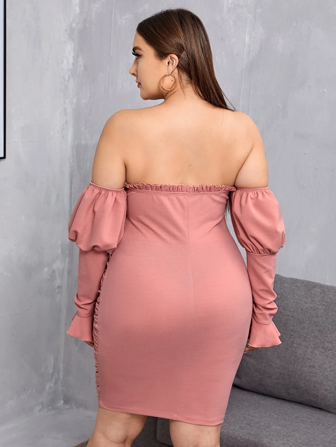 Glamorous Plain Ruched Bust Long Sleeve Off The Shoulder Pencil Natural Short Plus Size Dress