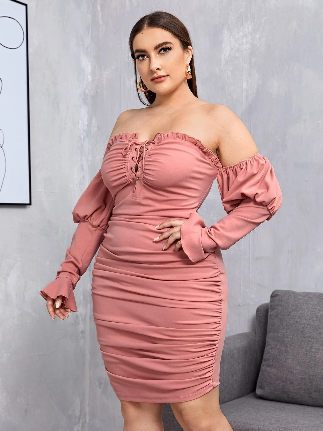 Glamorous Plain Ruched Bust Long Sleeve Off The Shoulder Pencil Natural Short Plus Size Dress