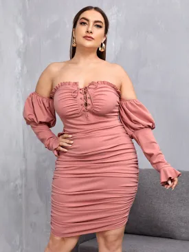 Glamorous Plain Ruched Bust Long Sleeve Off The Shoulder Pencil Natural Short Plus Size Dress