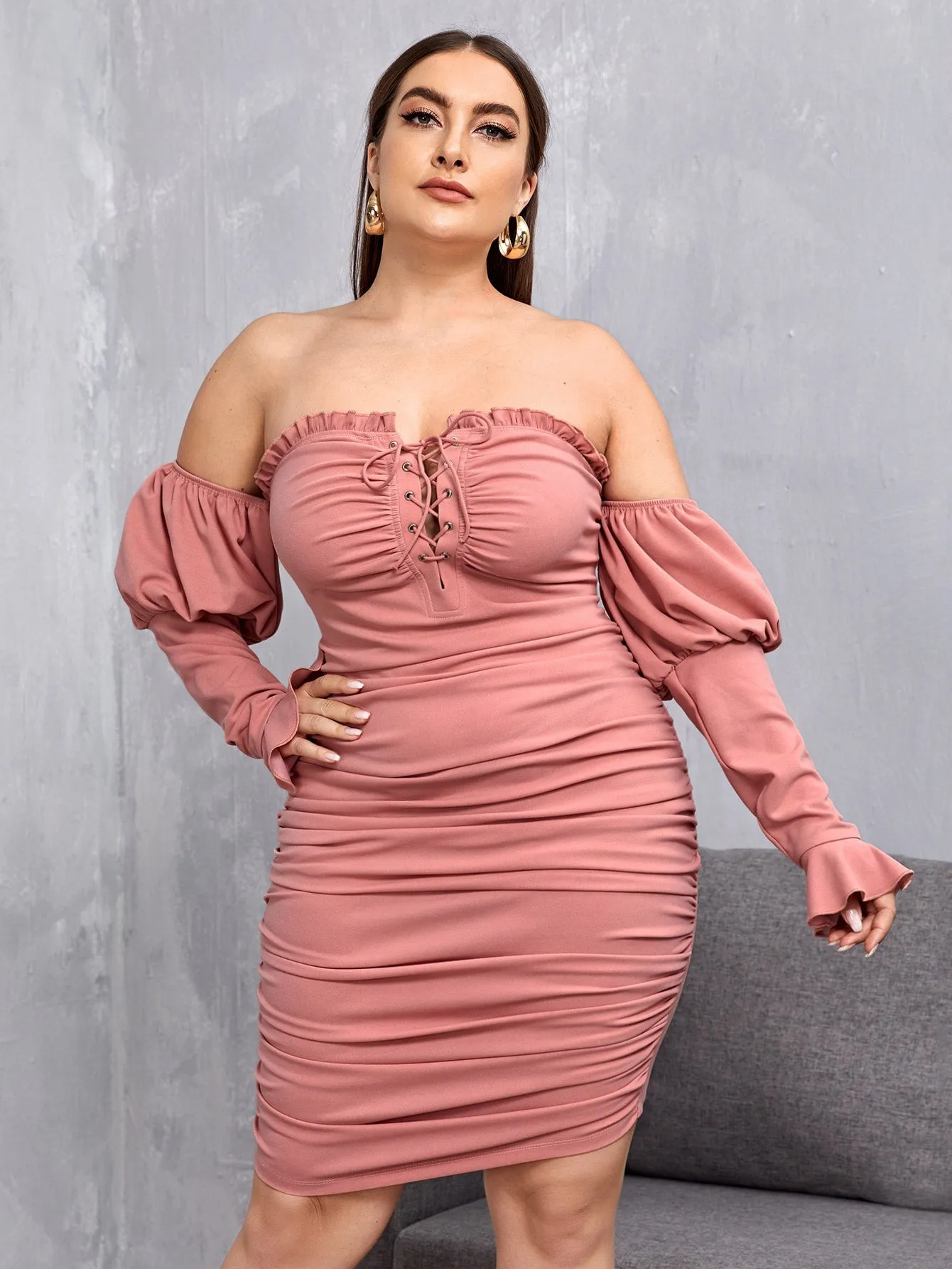 Glamorous Plain Ruched Bust Long Sleeve Off The Shoulder Pencil Natural Short Plus Size Dress