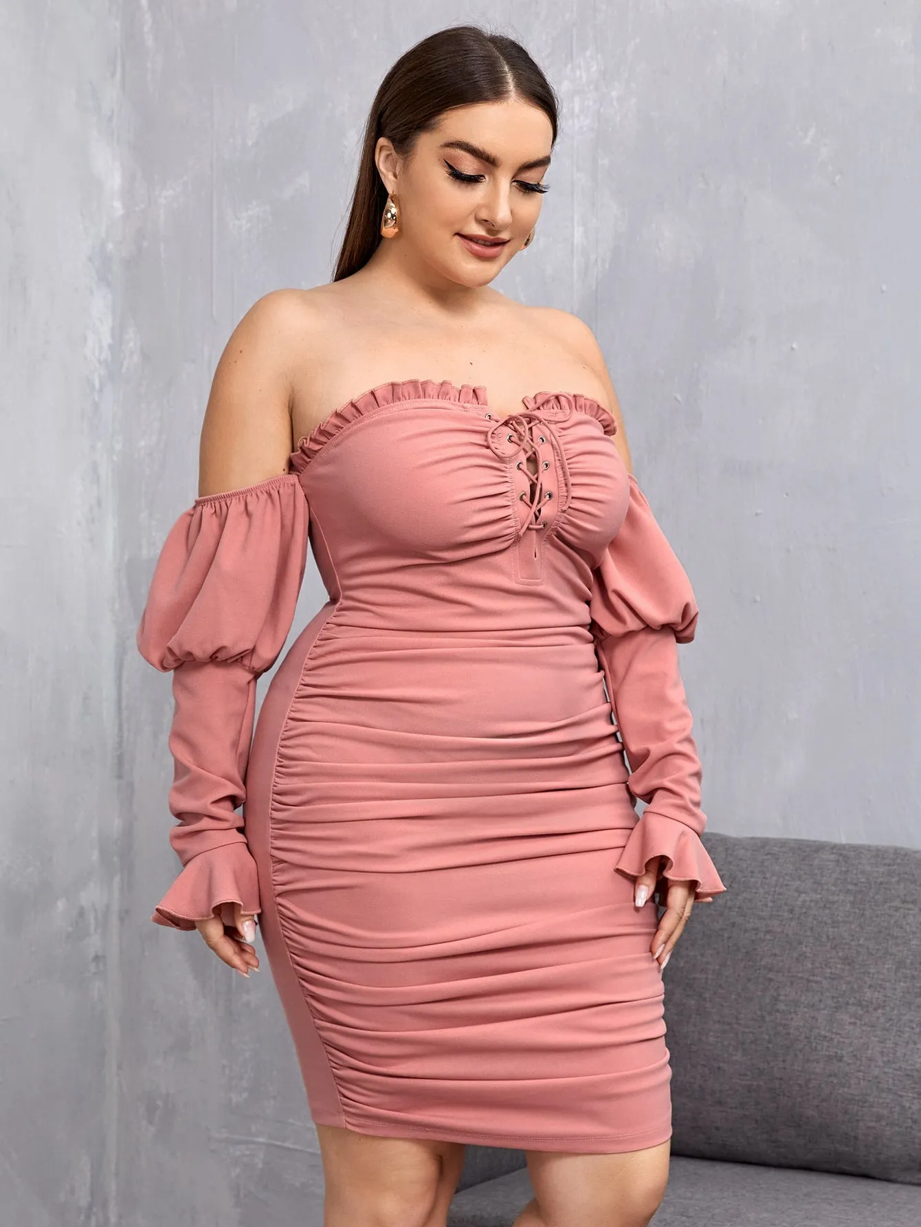 Glamorous Plain Ruched Bust Long Sleeve Off The Shoulder Pencil Natural Short Plus Size Dress