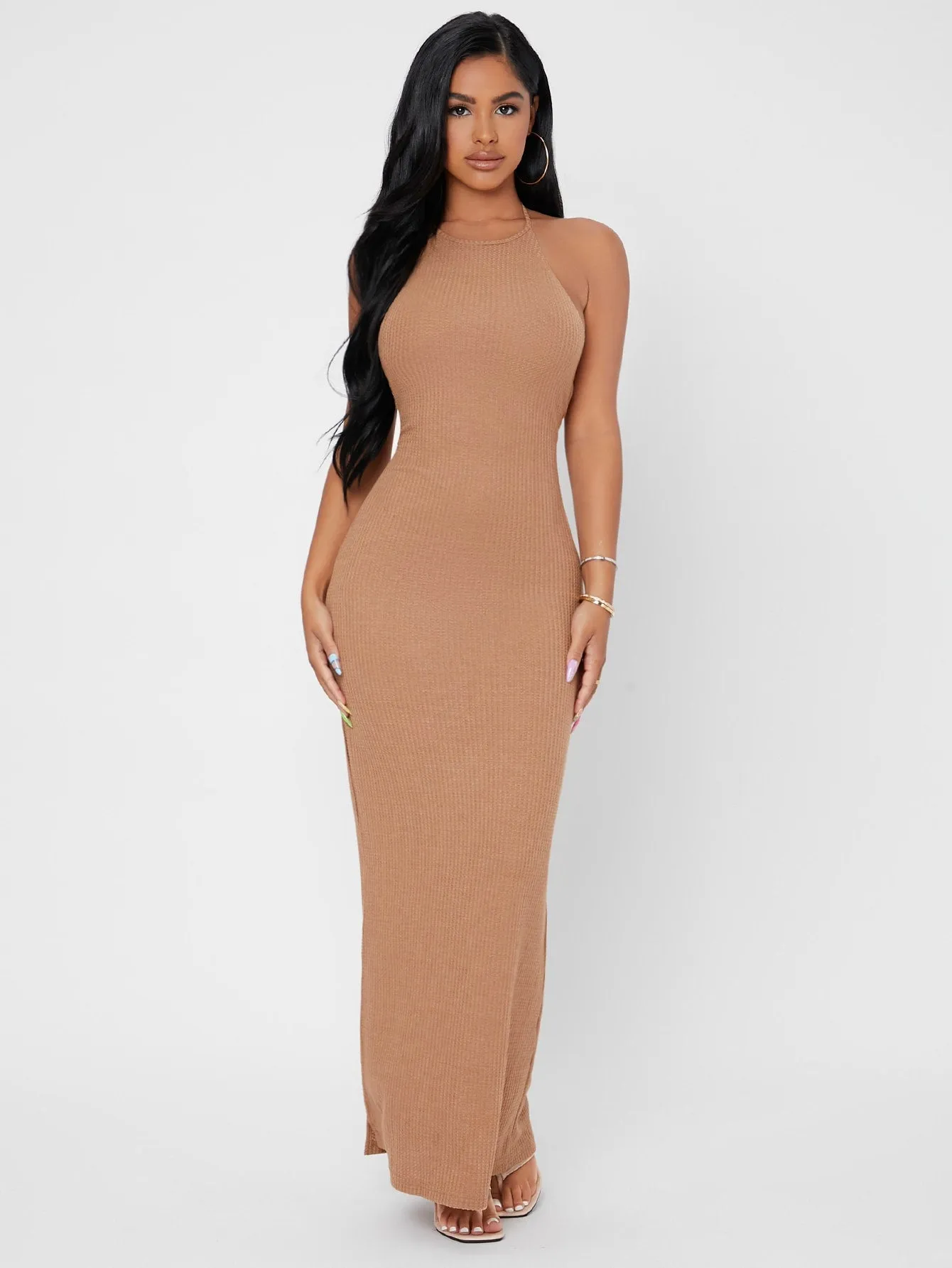Glamorous Plain Tie Back Sleeveless Halter Pencil Natural Maxi Dress