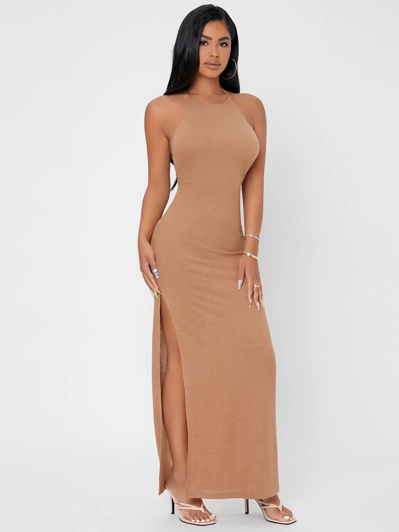 Glamorous Plain Tie Back Sleeveless Halter Pencil Natural Maxi Dress