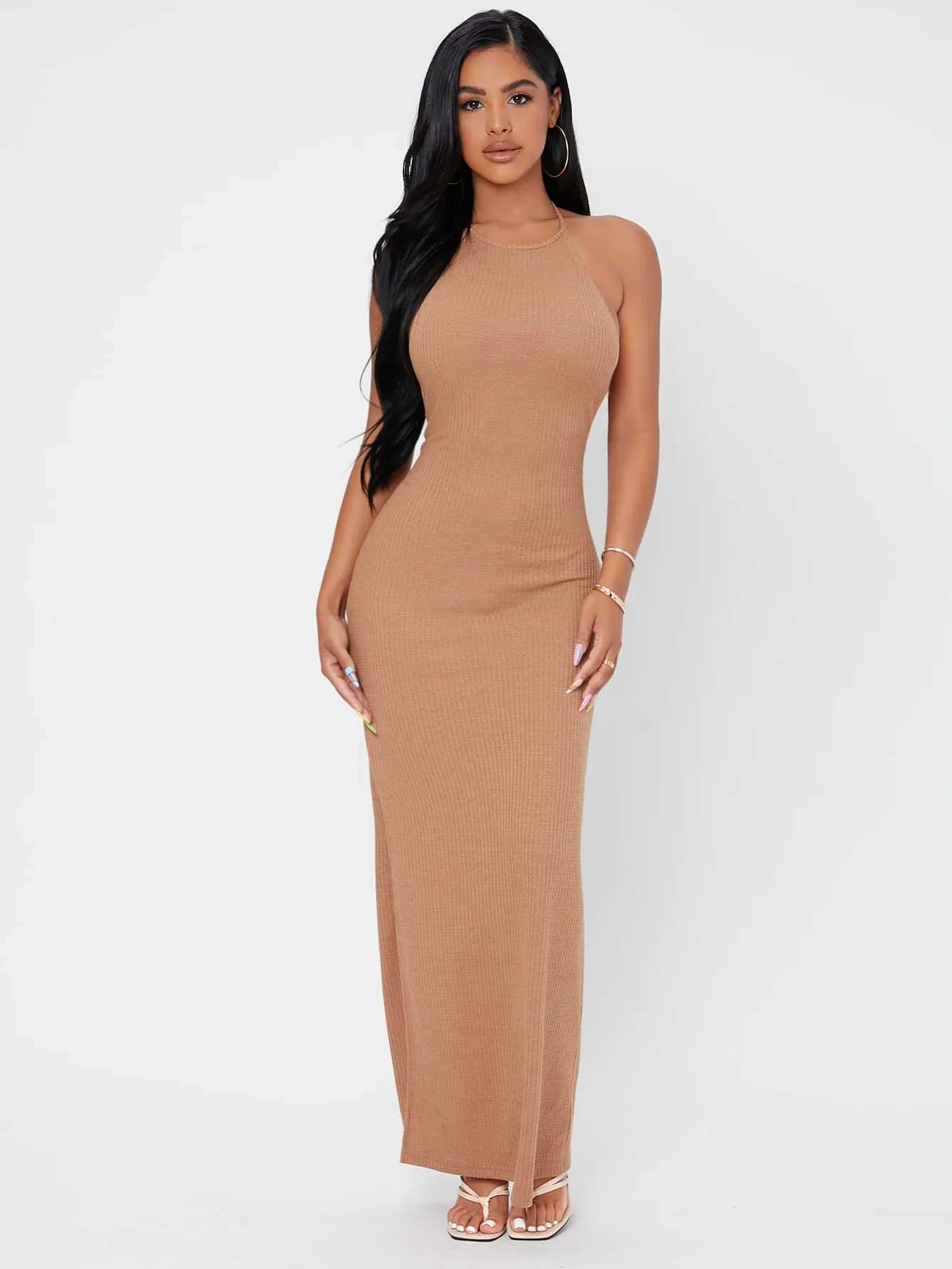 Glamorous Plain Tie Back Sleeveless Halter Pencil Natural Maxi Dress
