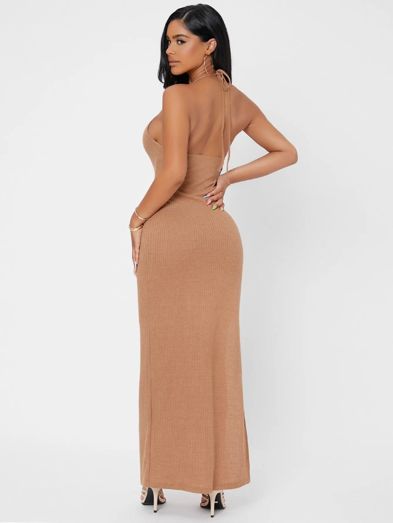 Glamorous Plain Tie Back Sleeveless Halter Pencil Natural Maxi Dress