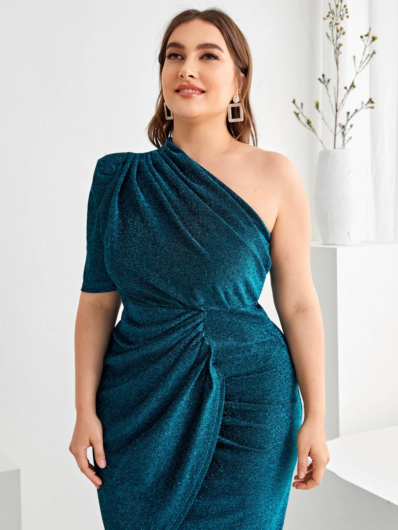 Glamorous Plain Wrap Short Sleeve One Shoulder Asymmetrical High Waist Long Plus Size Dress