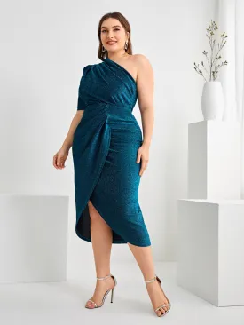 Glamorous Plain Wrap Short Sleeve One Shoulder Asymmetrical High Waist Long Plus Size Dress
