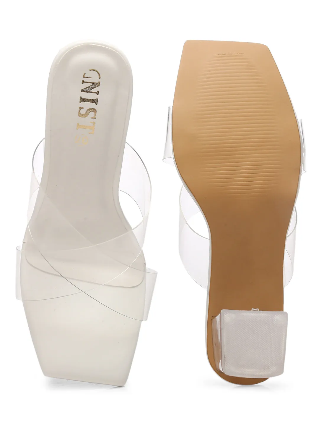 GNIST White Cross Strap Transparent Clear Block Heels