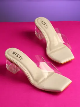 GNIST White Cross Strap Transparent Clear Block Heels