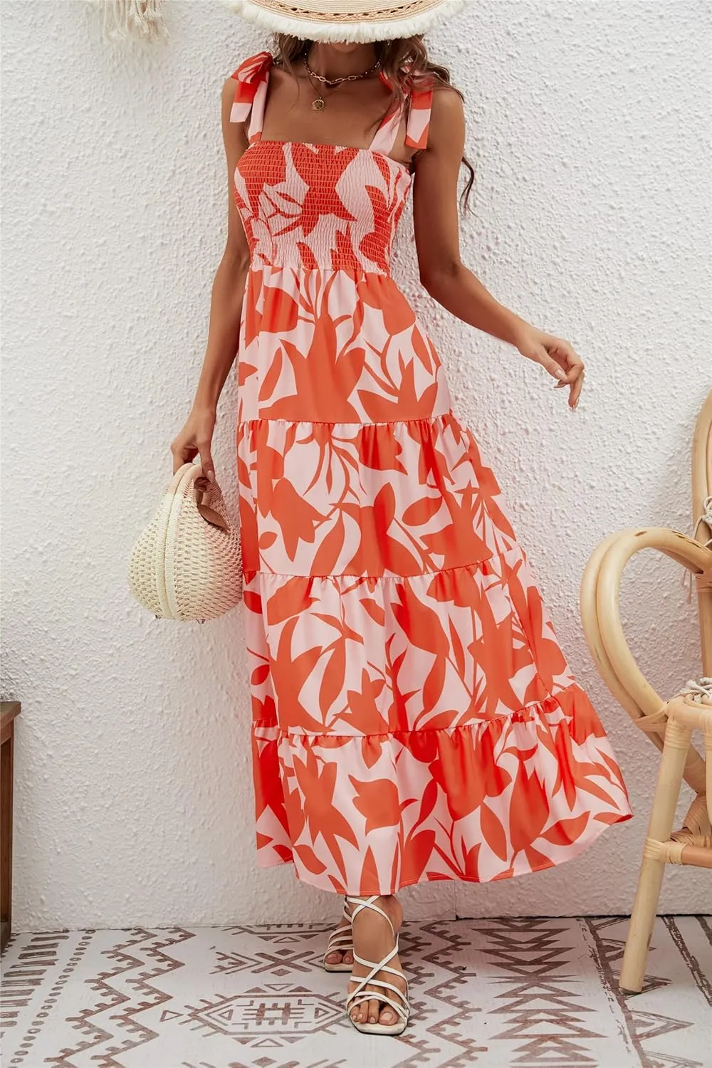 GOLDSTITCH Women's Summer Boho Spaghetti Strap Ruffle A Line Beach Long Maxi Dress