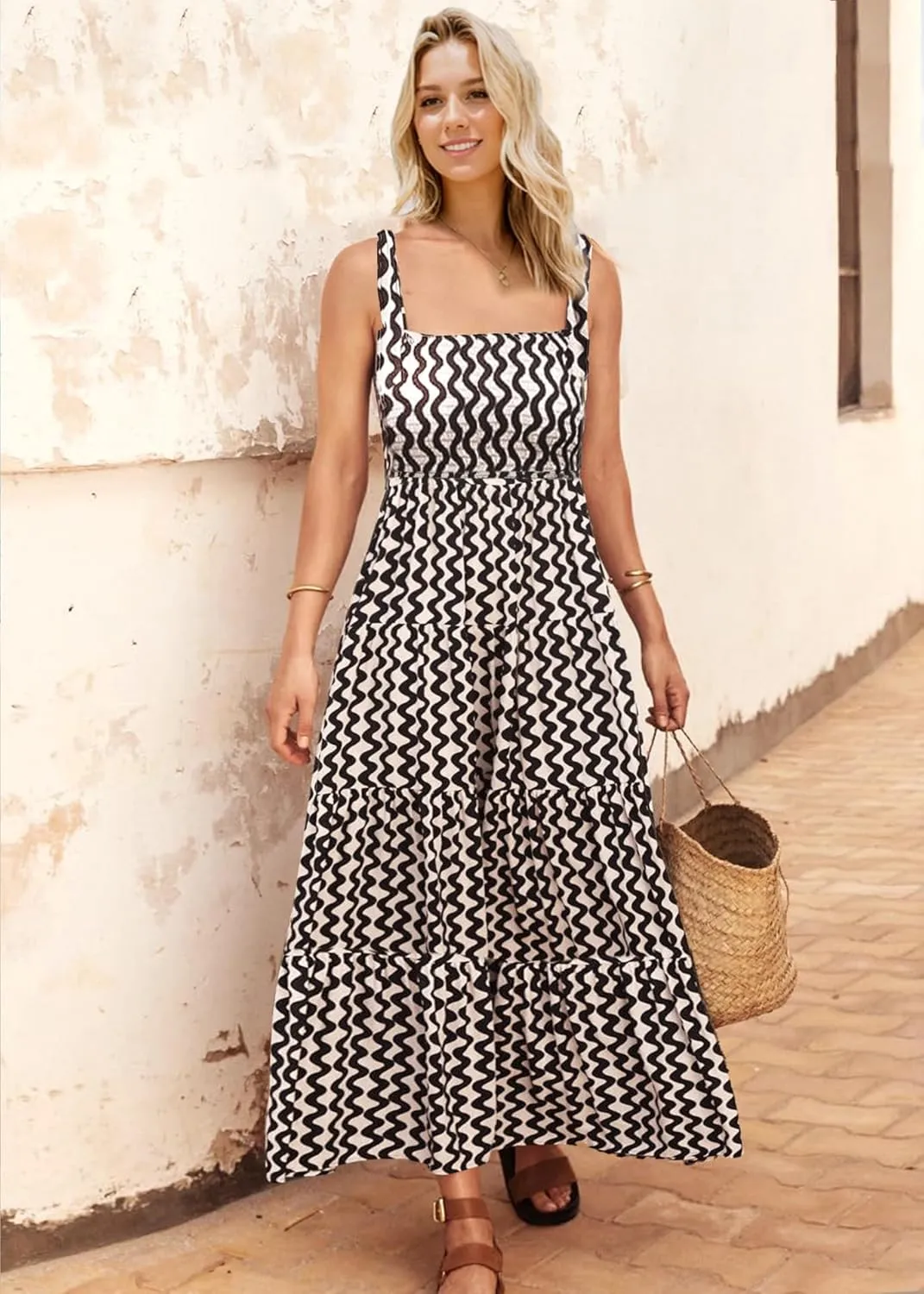 GOLDSTITCH Women's Summer Boho Spaghetti Strap Ruffle A Line Beach Long Maxi Dress