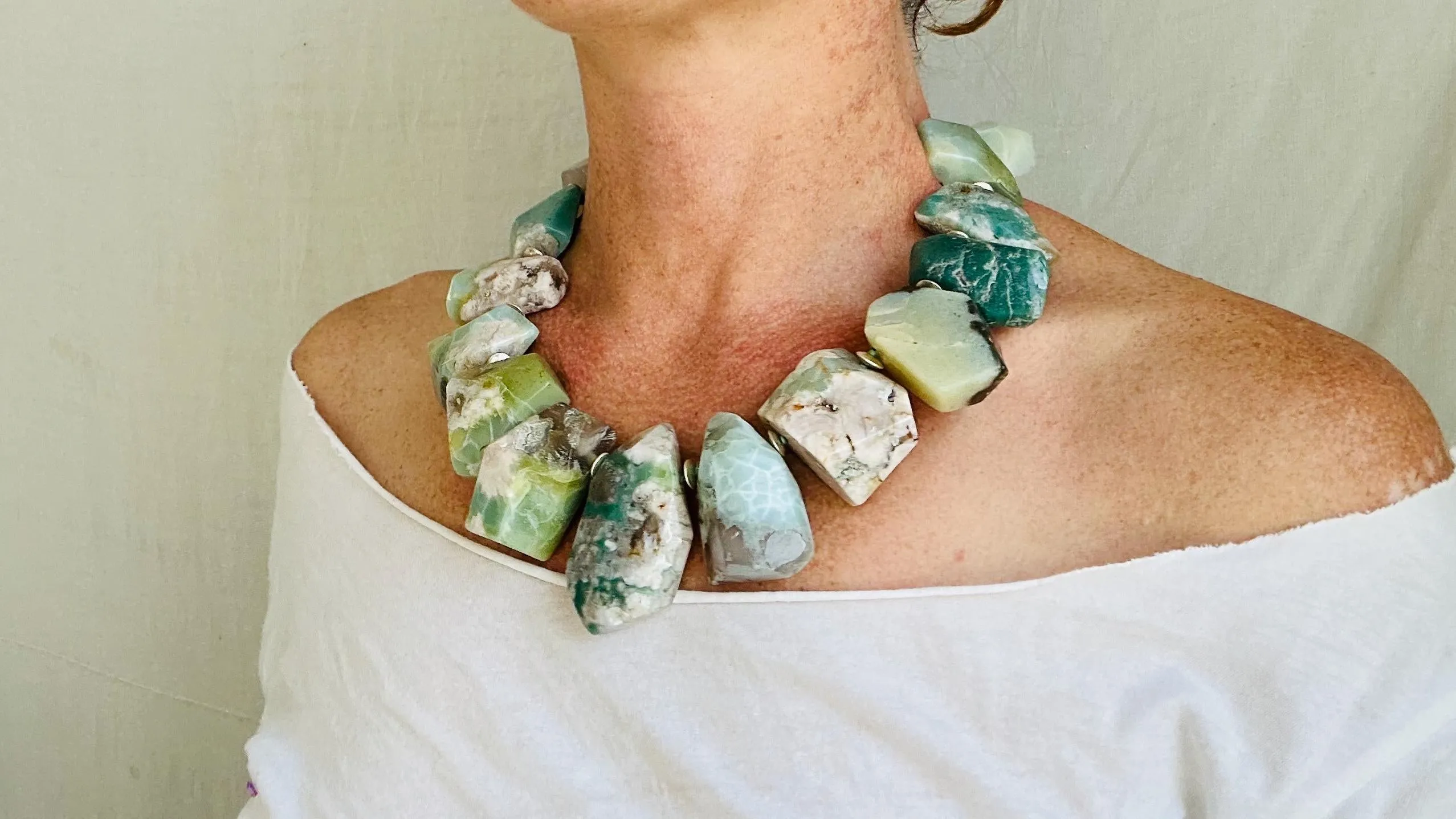 Green Flower Agate Necklace. Handmade Sterling Silver Designer Jewelry. Statement Necklace. Maximalist Jewelry.
