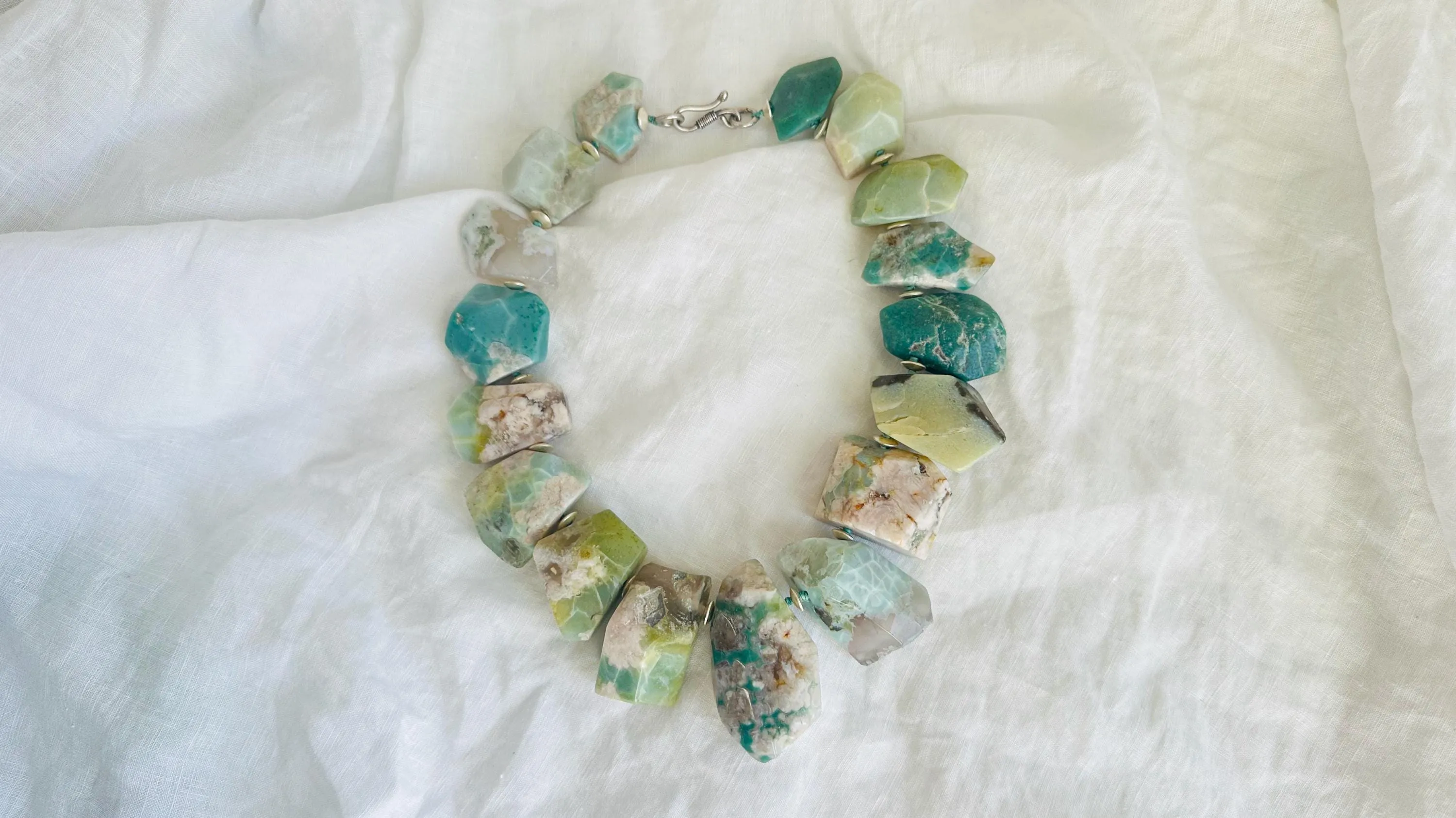Green Flower Agate Necklace. Handmade Sterling Silver Designer Jewelry. Statement Necklace. Maximalist Jewelry.