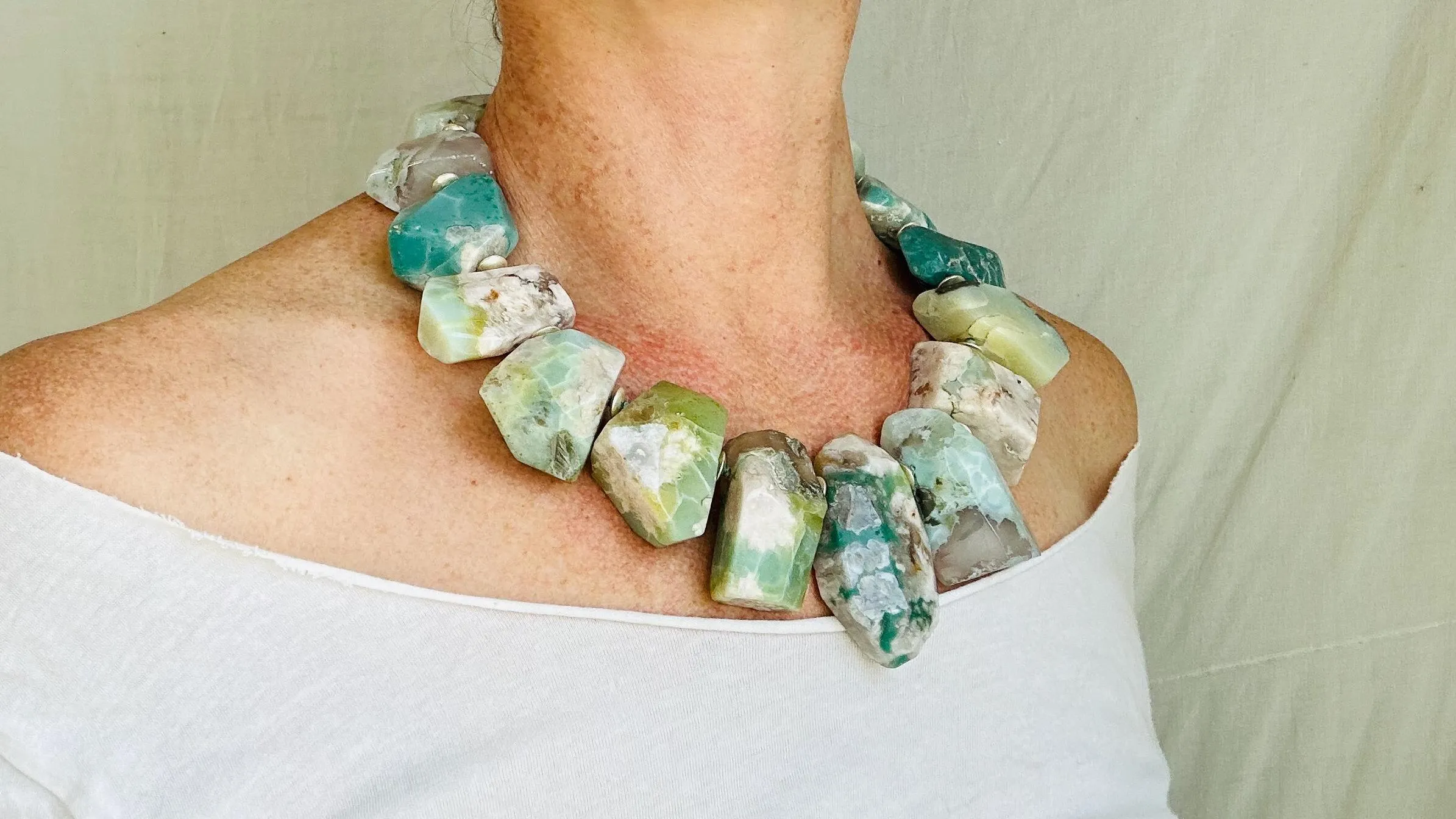 Green Flower Agate Necklace. Handmade Sterling Silver Designer Jewelry. Statement Necklace. Maximalist Jewelry.