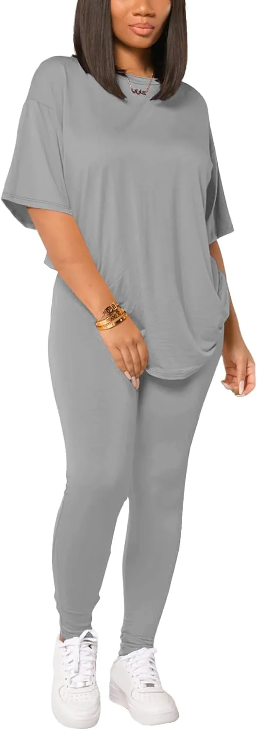HBQ Women 2 Piece Outfits Summer Sweatsuits Drop Shoulder Tracksuits Biker Short Workout Jogger Sets