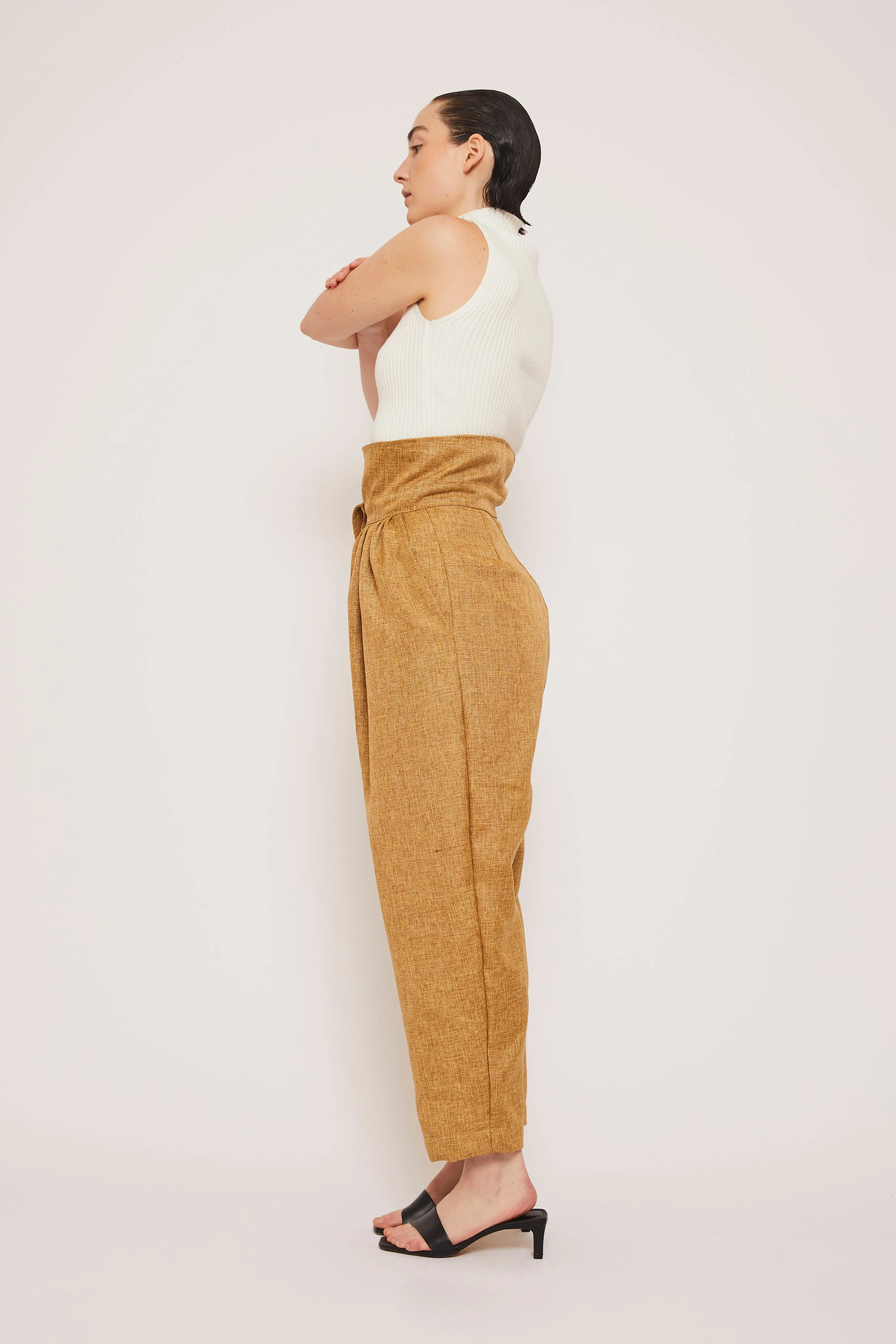 High Waist Retro Linen Pants - Oak