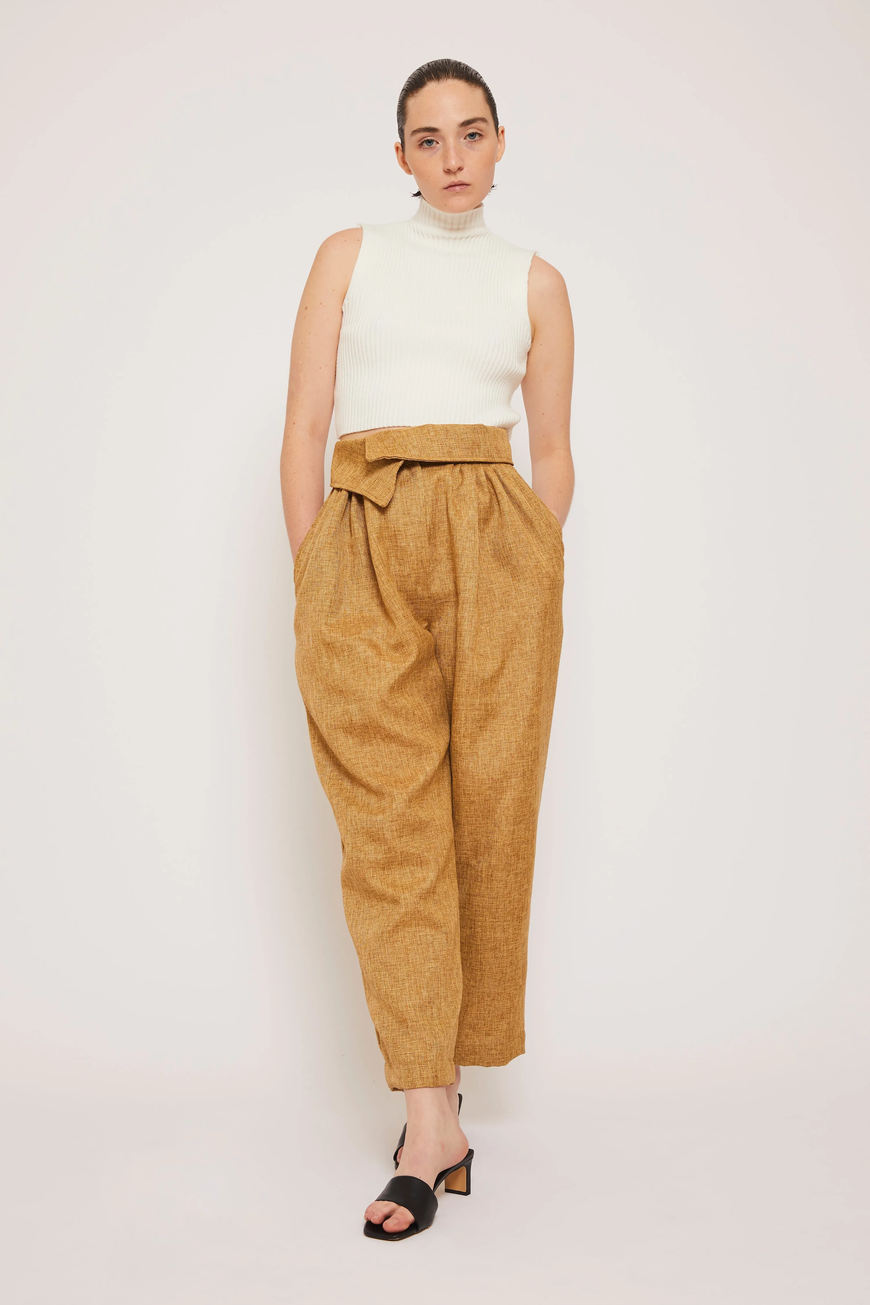 High Waist Retro Linen Pants - Oak