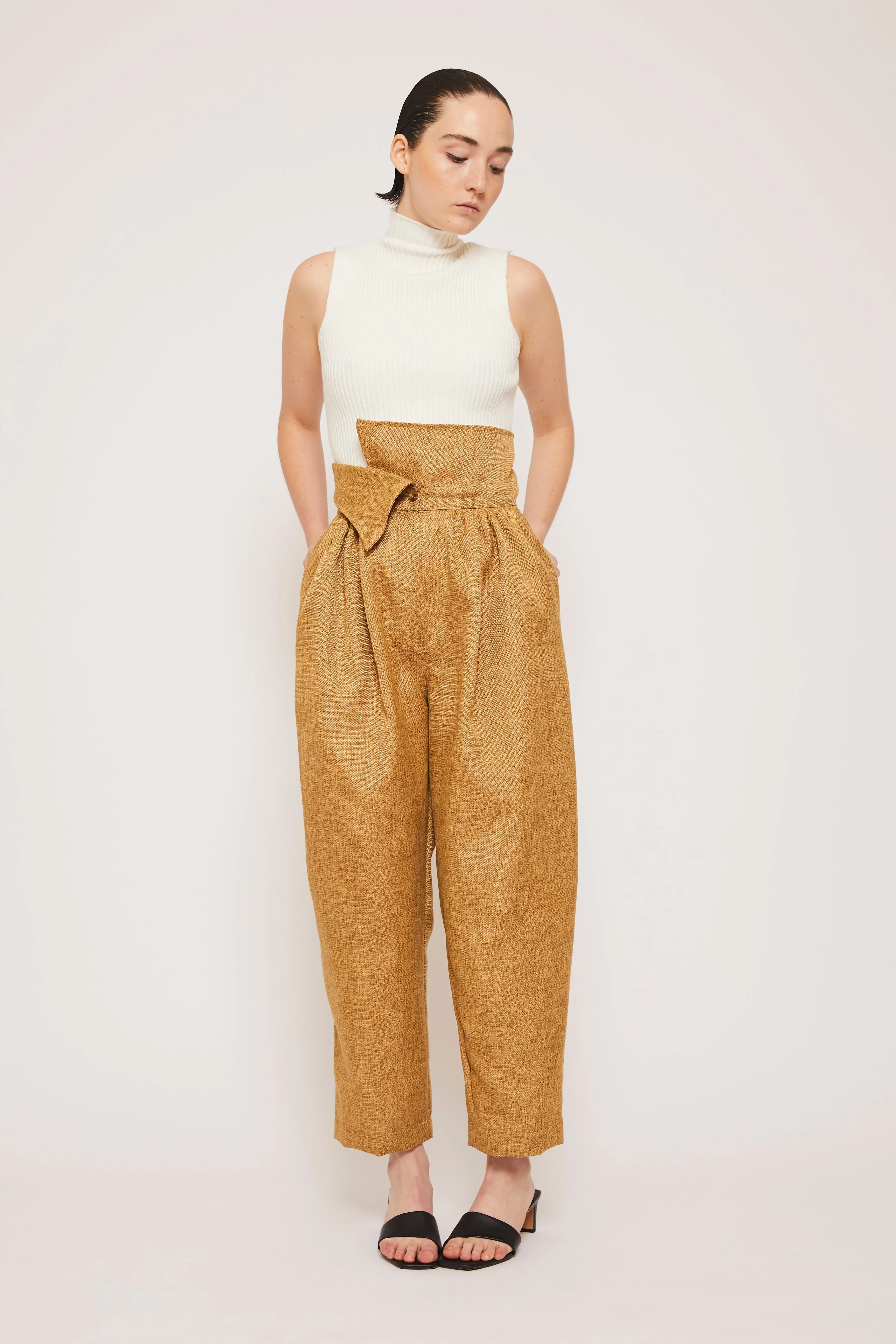 High Waist Retro Linen Pants - Oak