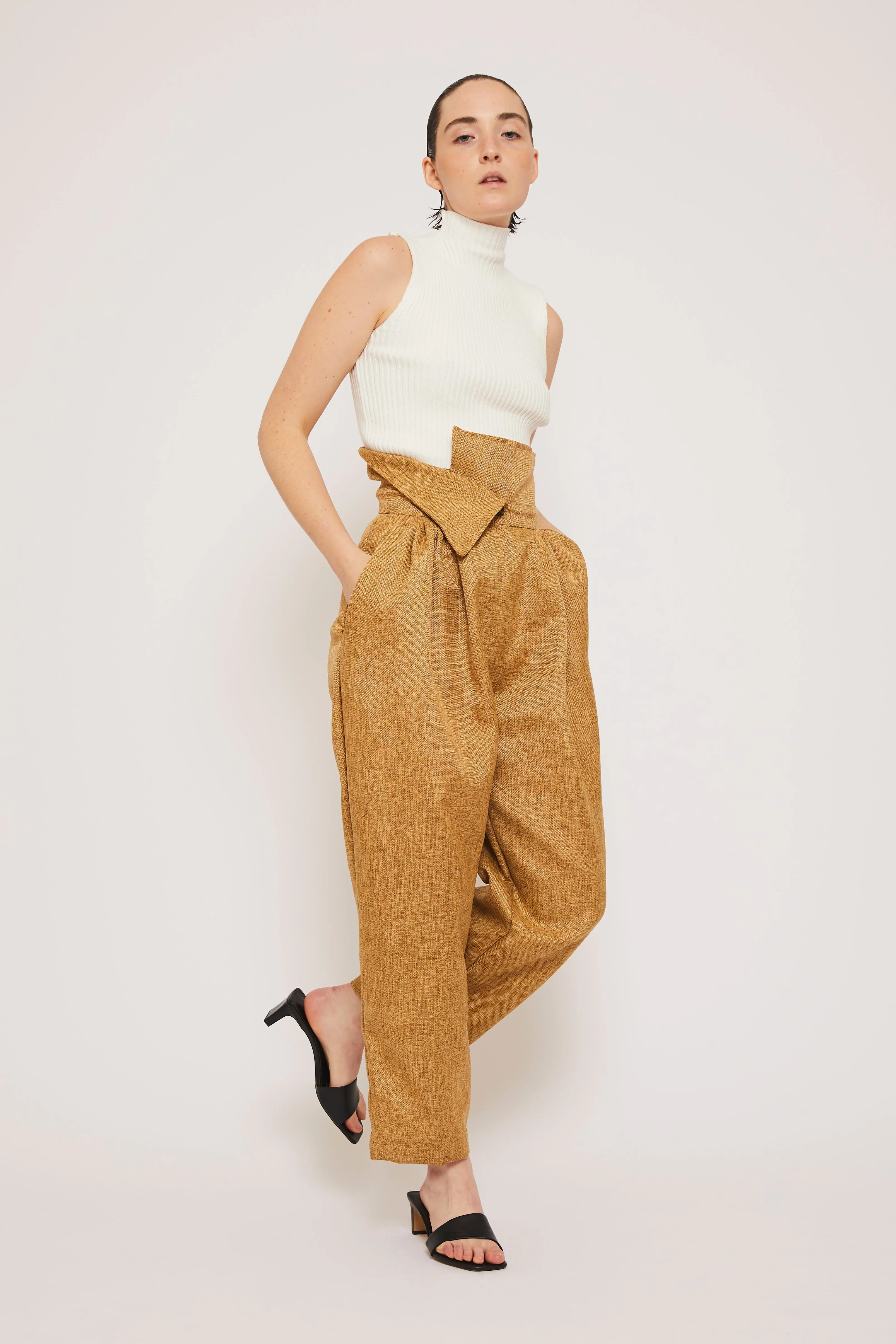 High Waist Retro Linen Pants - Oak