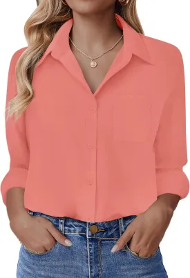 HOTOUCH Womens Button Down Shirt Basic Work Office Drop Shoulder Blouse Casual Loose Long Sleeve Tops with Pocket