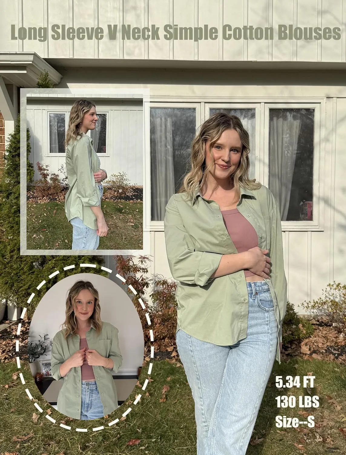 HOTOUCH Womens Button Down Shirt Basic Work Office Drop Shoulder Blouse Casual Loose Long Sleeve Tops with Pocket