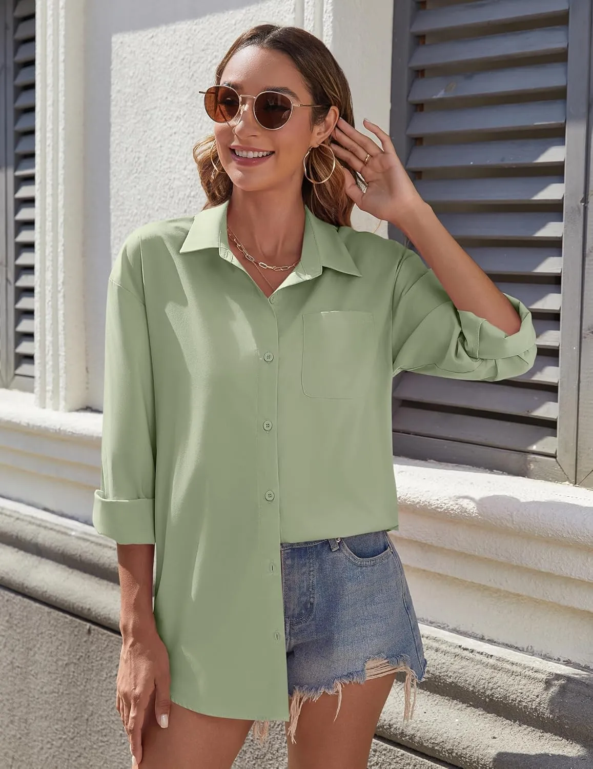HOTOUCH Womens Button Down Shirt Basic Work Office Drop Shoulder Blouse Casual Loose Long Sleeve Tops with Pocket