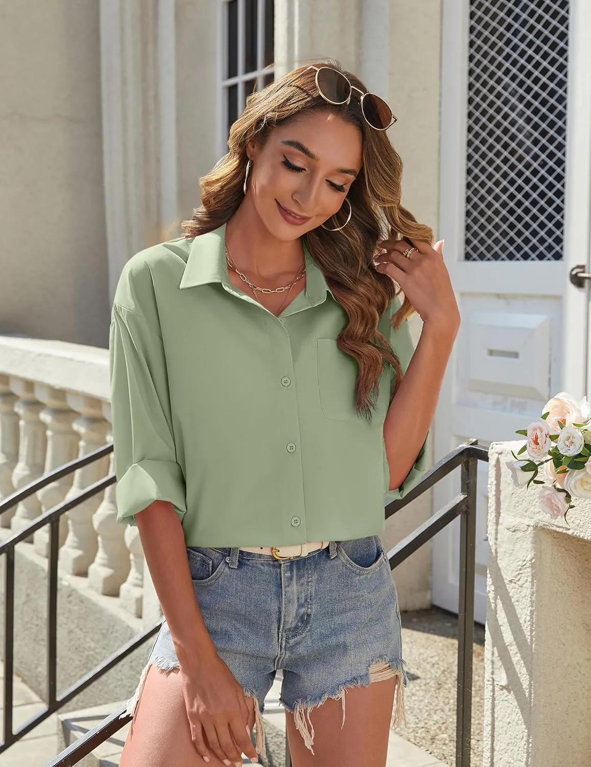 HOTOUCH Womens Button Down Shirt Basic Work Office Drop Shoulder Blouse Casual Loose Long Sleeve Tops with Pocket