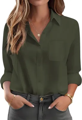 HOTOUCH Womens Button Down Shirt Basic Work Office Drop Shoulder Blouse Casual Loose Long Sleeve Tops with Pocket