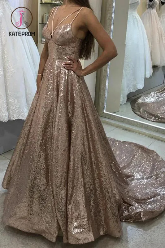 Kateprom Shiny Puffy Sleeveless Sequined Court Train Prom Dress, Sparkly Sequin Evening Dresses KPP1049