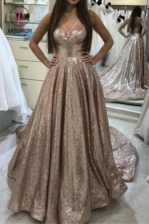 Kateprom Shiny Puffy Sleeveless Sequined Court Train Prom Dress, Sparkly Sequin Evening Dresses KPP1049