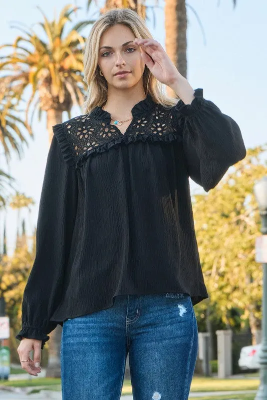 Long Sleeve Eyelet Lace Top in Black