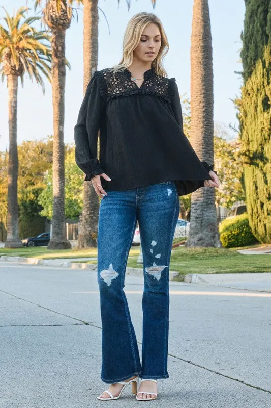 Long Sleeve Eyelet Lace Top in Black