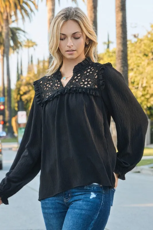 Long Sleeve Eyelet Lace Top in Black