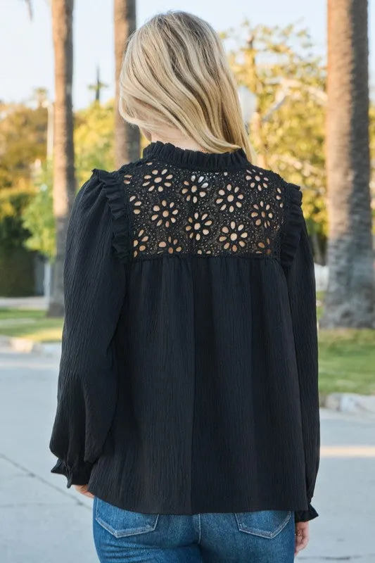 Long Sleeve Eyelet Lace Top in Black