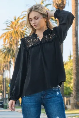 Long Sleeve Eyelet Lace Top in Black