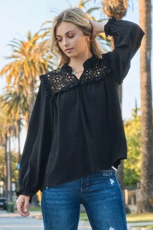 Long Sleeve Eyelet Lace Top in Black