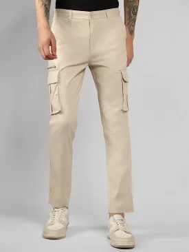 Men's Cream Solid Regular Fit Cargos