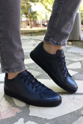 Men's Navy Blue Leather Casual Sneakers - Wessi