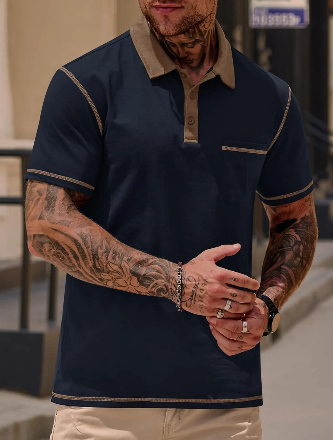 Mens Polo Shirts Casual Color Block Collar Short Sleeve Shirt with Pocket (S-XXL)
