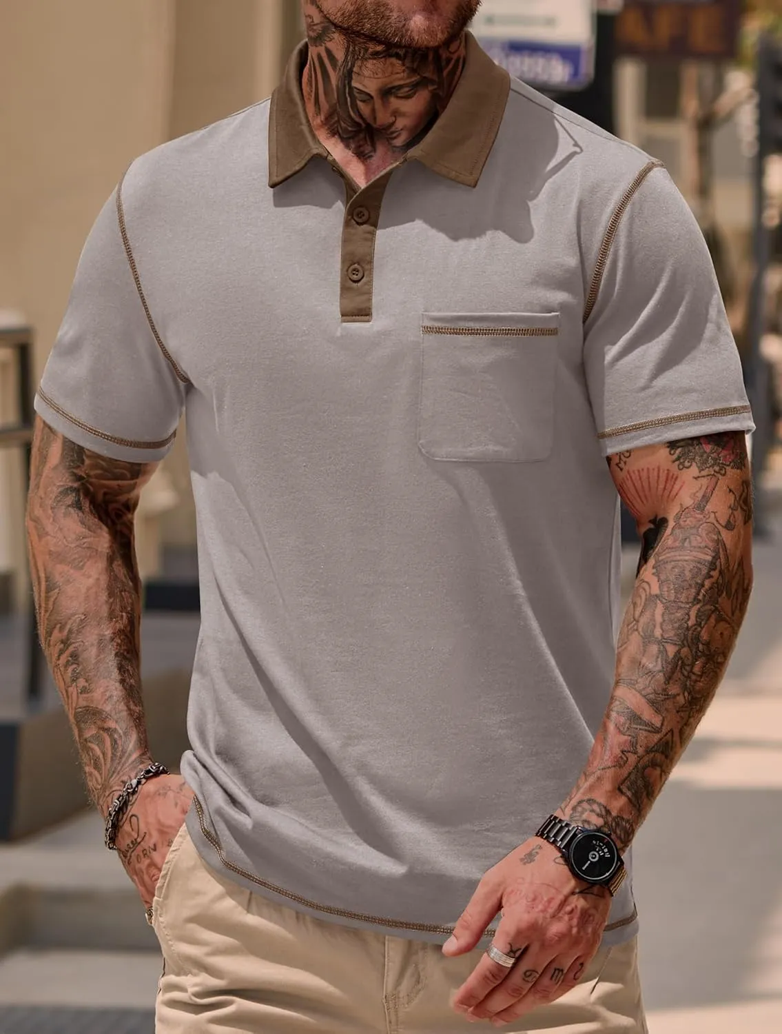 Mens Polo Shirts Casual Color Block Collar Short Sleeve Shirt with Pocket (S-XXL)