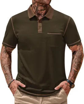 Mens Polo Shirts Casual Color Block Collar Short Sleeve Shirt with Pocket (S-XXL)